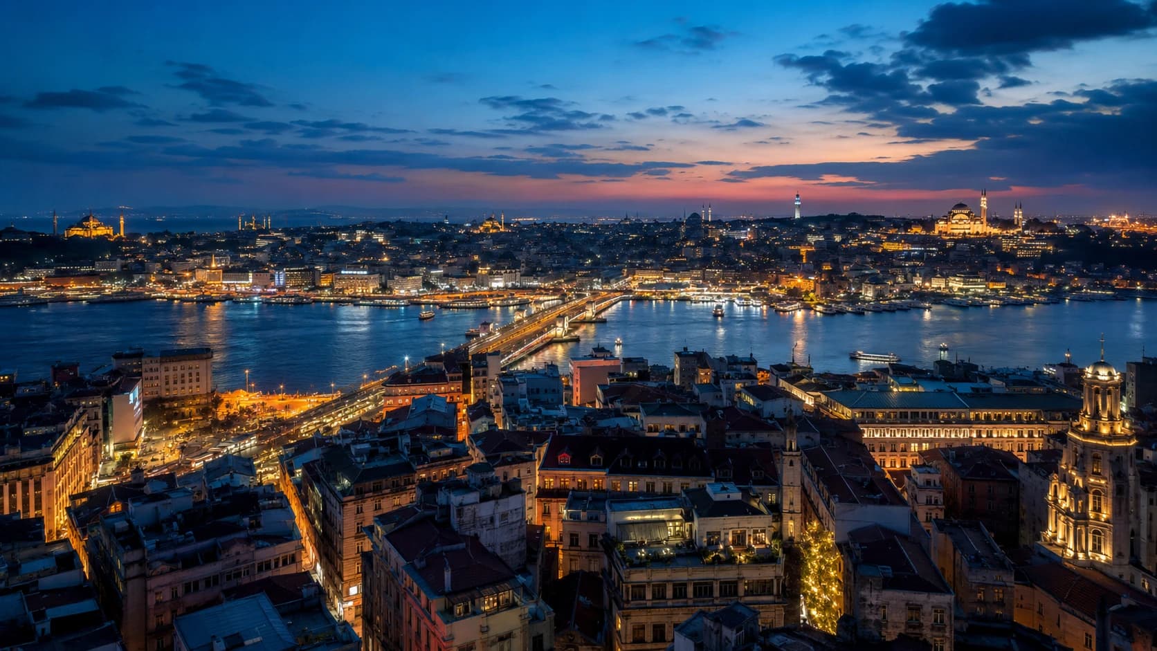 Akşam saatlerinde Galata Köprüsü ve Tarihî Yarımada panoraması