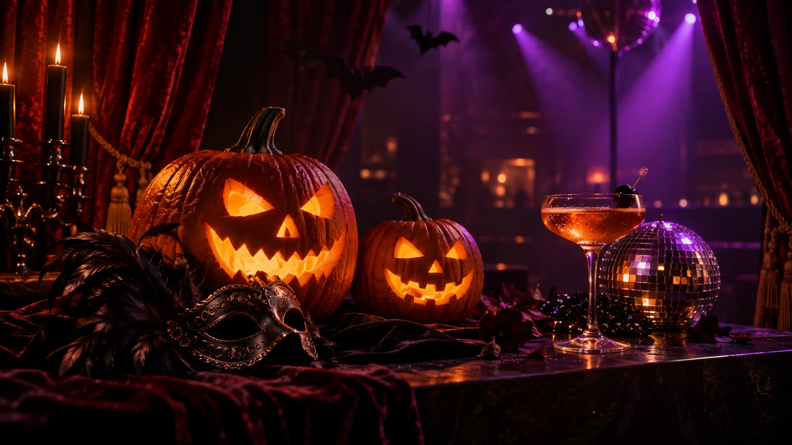 Halloween brochure image with orange jack-o'-lanterns, a masquerade mask and a disco ball